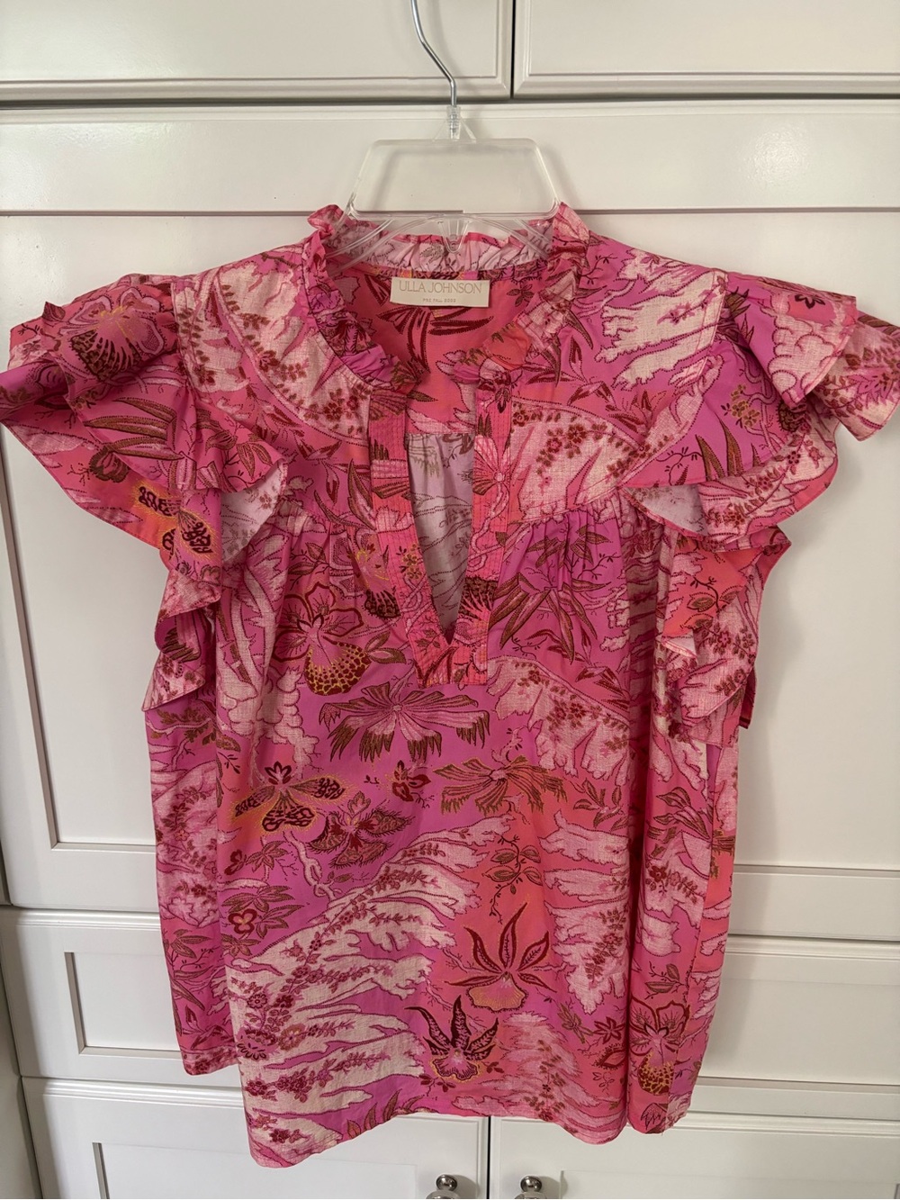 Ulla Johnson Pink Botanical Ruffle V-Neck Blouse